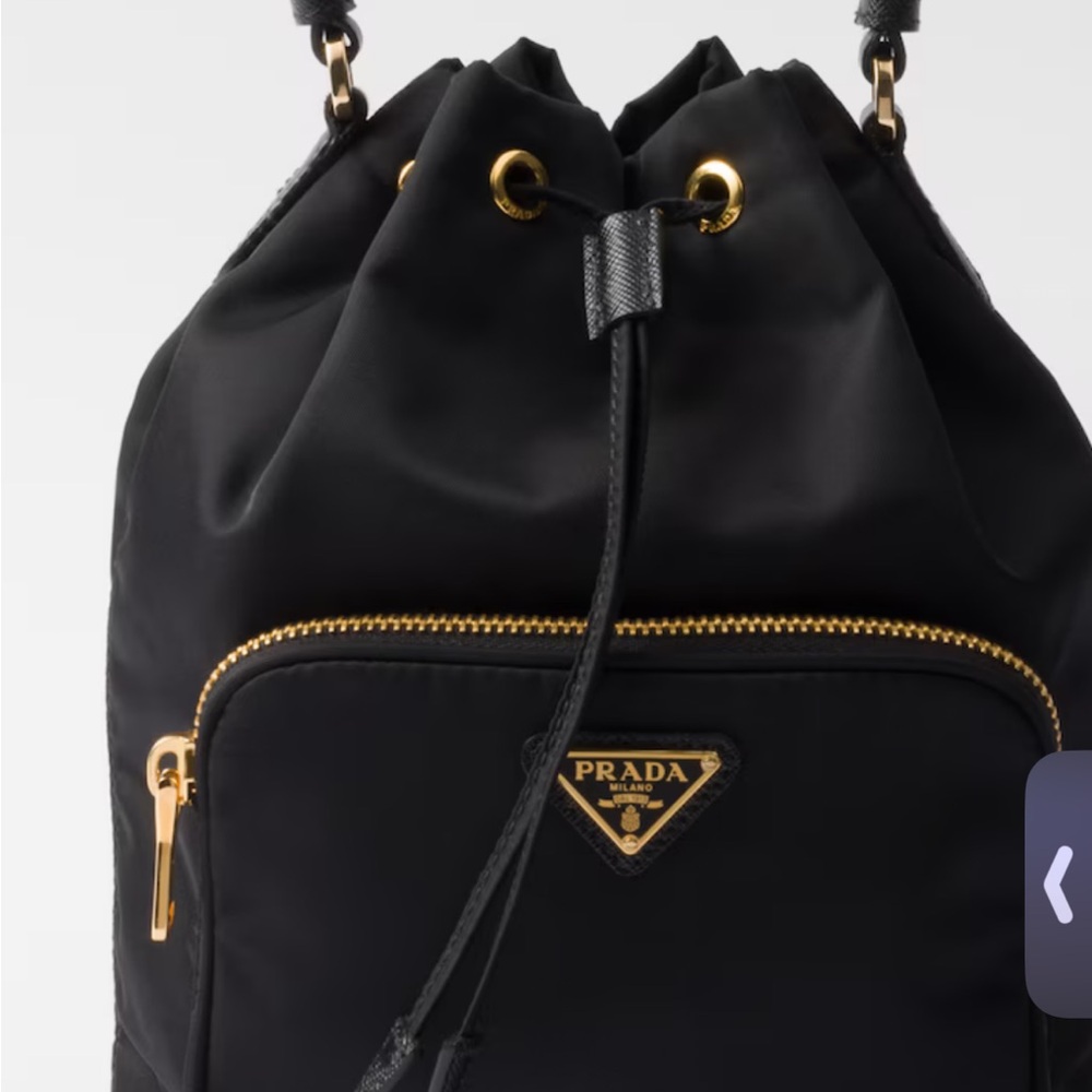 Prada Black Nylon Drawstring Bag with Gold Details